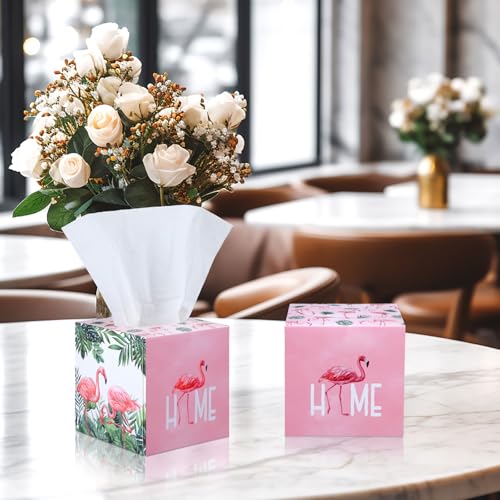 Image of Fourluoo 12 Pack Summer Flamingo Facial Tissues Cube Boxes, 600 Sheet 3 Ply | Tropical Pink Flamingo Palm, Fits Car Holder Bedroom Desk, Soft Square Face Tissues Bulk for Home Office Travel Supplies