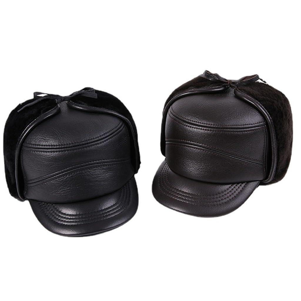 FENOKD Hat Men's Winter Thickened Warm Outdoor Ear Protection Cotton Hat Leather Hatat (D 6 3/4)?D-6 3/4