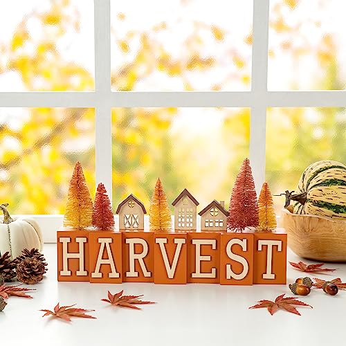 Glitzhome 14L Rustic Harvest Village House Brush Trees Table Decor Farmhouse Wood Freestanding Fall Harvest Table Block Decor Sign Fall Autumn Table Decor Desktop Decorations Autumn Harvest Festival