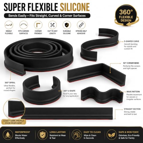 Image of Shower Water Barrier 2 Metre, Black Silicone Shower Threshold Water Dam 5cm, Bathroom Water Stopper Strip with Waterproof Adhesive, Wet & Dry Floor Separation, Easy Cut to Fit