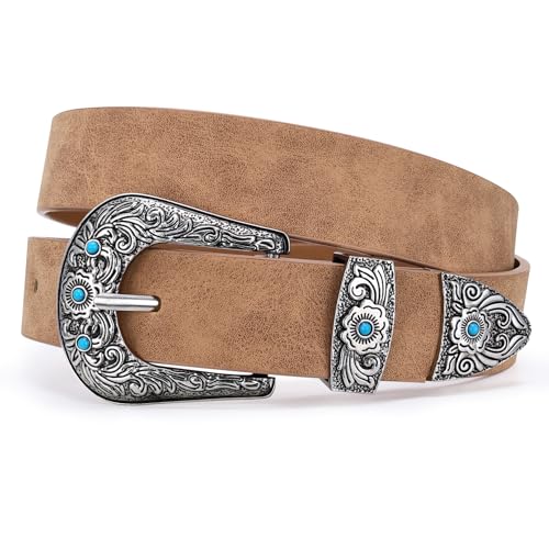 XZQTIVE Western Belt for Women, Cowgirl Cowboy Suede Leather Belt for Jeans Pants, Country Belts with Vintage Buckle