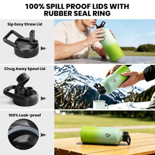 Image of RAYMYLO Insulated Water Bottle 87 oz, Triple Wall Vacuum Stainless Steel (Cold for 48 Hrs), Leak Proof & Non-BPA, Modern Water Flask Jug with Paracord Handle & Straw Spout Lids, Ombre Green