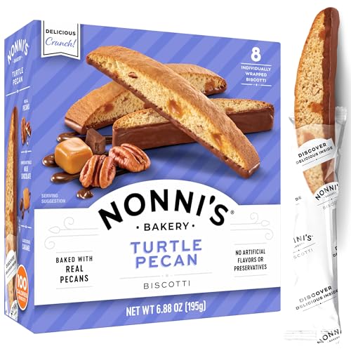 Nonni's Bakery Turtle Pecan Biscotti Cookies, Individually Wrapped, Italian Coffee and Tea Biscuit Snack, 6.88 oz, 8 Count
