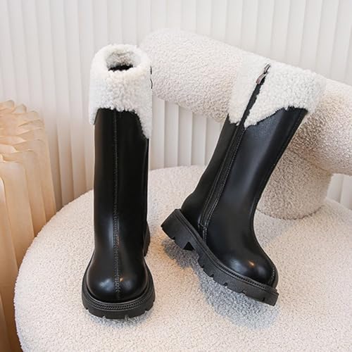 IWIHMIV Toddler Girl Riding Boots Warm Cotton High Riding Booties Non Slip Round Toe Mid-Calf Party Leather Boots2