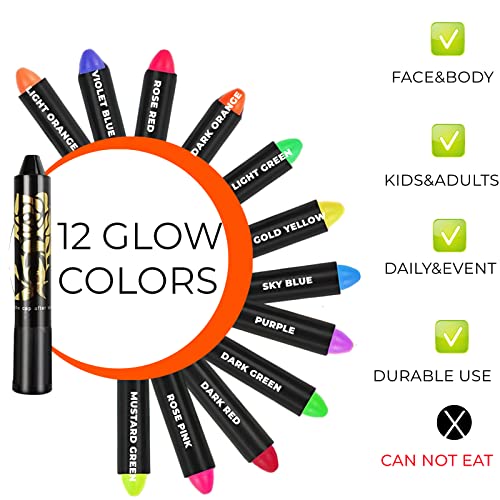 12 Colors Bright Uv Blacklight Glow Face Paint Neon Makeup Fluorescent Luminous Facepaint Kit For Kids Halloween, Water Reactive Face Paint Crayons Safe Body Painting For Special Make Up #TOP3
