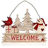 com-four® Hängedeko Weihnachten - Holz-Aufhänger Schriftzug mit Schneemann und Vogel - Türschild Christmas aus Holz für Tür, Fenster oder Wand (Welcome)