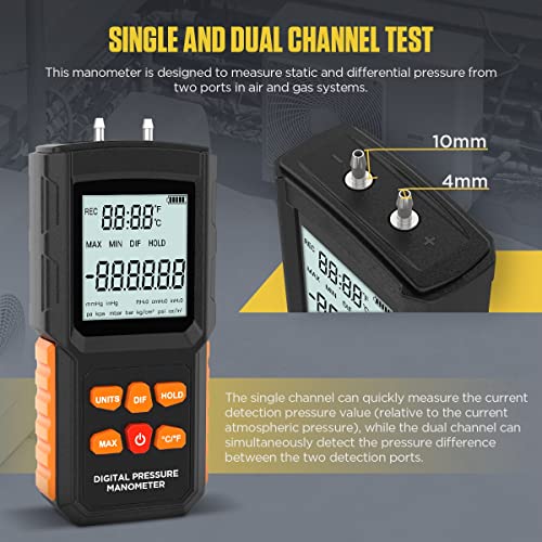 Manometer Hvac ±14.5Psi/±100.68Kpa Digital Manometer Strong Magnet Manometer Gas Pressure Tester 12 Units Manometer Air Differential Pressure Gauge Kit With Backlight, Extension Hose,Data Storage/Hold #TOP6