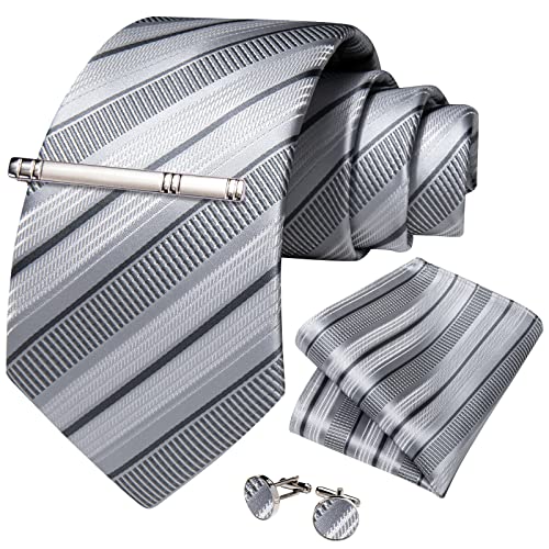 Image of DiBanGu Mens Striped Tie Silk Woven Necktie and Pocket Square Cufflinks Tie Clip Set Wedding Business Formal Gift Tie for Men