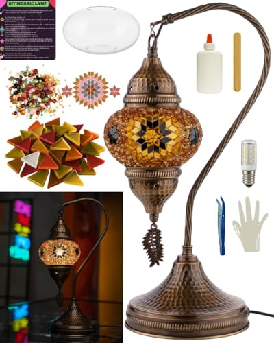 DEMMEX DIY Turkish Mosaic Table Lamp Kit – Make Your Own Lamp with Glass Mosaic Pieces & Tools – Antique Brass Base – No Grout Needed – Fun & Easy for All Ages and Skill Levels (Brown)
