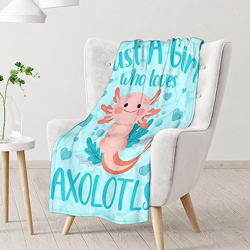 Girl Blanket - 60x80 Inches Cute Axolotl Throw - Blue Soft Fuzzy Blankets for Bed, Couch & Living Room