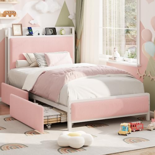 Image of GAOMON Twin Size Bed Frame with 2 Drawers and Charging Station, Pink
