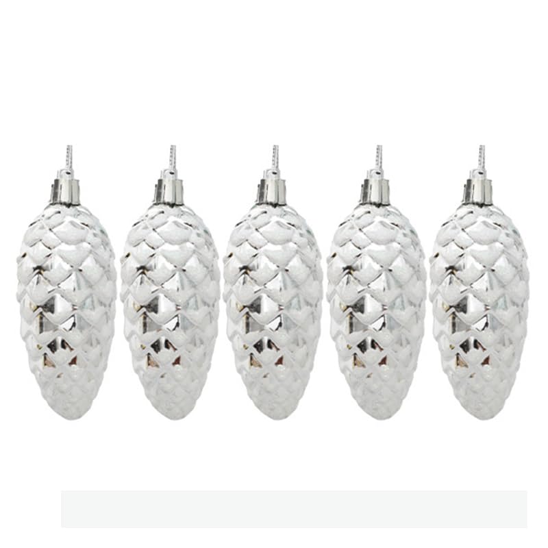 Shiny & Glitter Decorated Pine Cone Baubles – Christmas Tree Decorations Pack of 5 (silver)