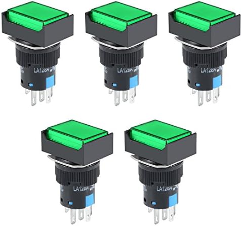 uxcell 5Pcs 16mm Momentary Push Button Switch Green LED Light Rectangular Button 1 NO 1 NC