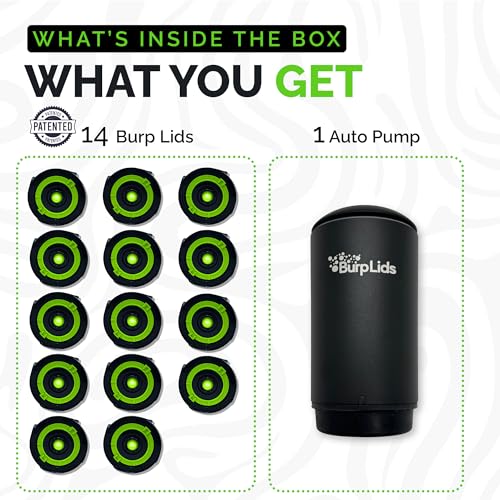 Burp Lids 14 Pack Curing Kit With NEW AUTO PUMP - Fits All Wide Mouth Mason Jar Containers - A Home Harvesting Essential. 14 lids + Electric Auto Pump. Vacuum sealed for successful cure