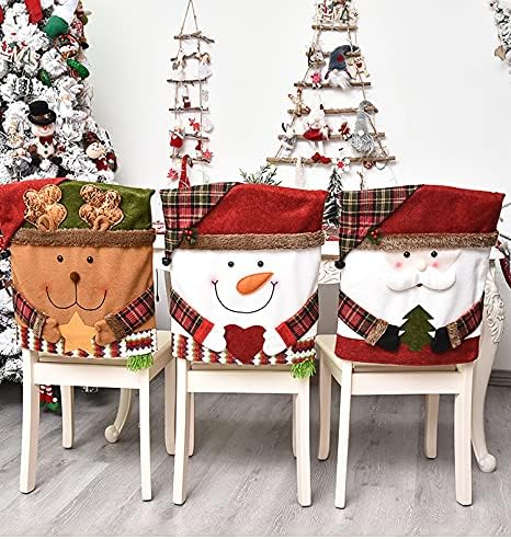 Christmas Chair Covers Set of 3 - Santa Snowman Reindeer - Festive Holiday Dining Chair Slipcovers - Xmas Decorations for Home Party (4, Snowman)