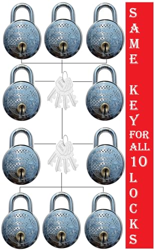 Image of 10 Locks with Same Key | Multiple Locks with Single Key | Common Key Lock | Steel Body | Lock for Home, Shutter, gate, Door, Shop, Outdoor | Same Key Lock Set of 10 with 8 Keys