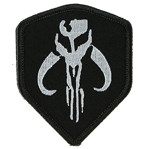 LiZMS - Hook and Loop Fasteners Tactical Patch / STAR WARS / Mandalorian Bounty Hunter Boba Fett Shield Morale Gear / White on Black / 3 x 2.45 inches