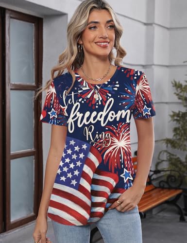 Kistore Short Sleeve Tops for Women USA Flag Crew Neck Dressy Casual Blouses Patriotic Shirts Summer Clothes 2026 XL