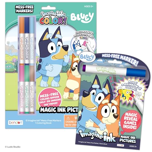 Bendon Official Bluey Imagine Ink Coloring Book Set 2 Pack with Mess-Free Markers 16 Pages 6 Magic Ink Markers Built-in Storage Case Travel Gift for Kids Ages 3+