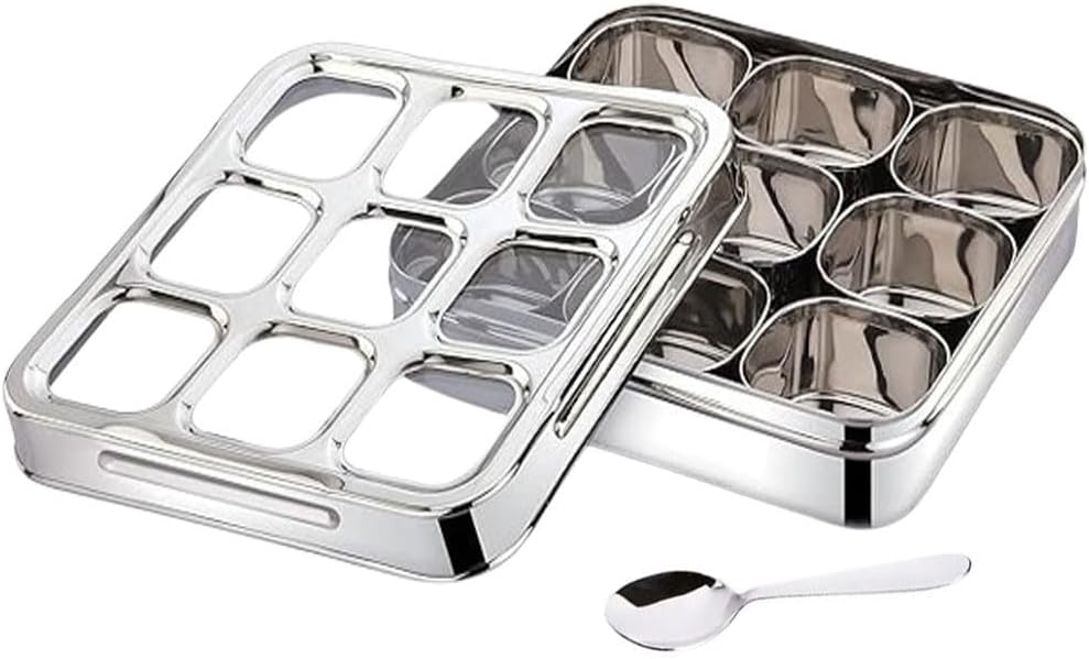 9 Deattachable Containers Stainless Steel Spice Box with Glass Lid and 1 Spoon, Squre Shape Spice Box with Glass Lid, Masala Box with 1 Spoon for Kitchen