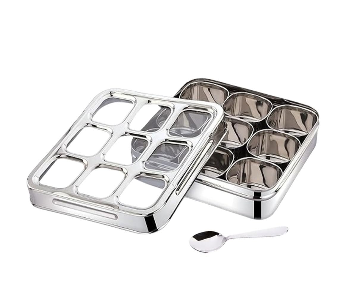 Satre Online And Marketing Silver 9 Deattachable Containers Stainless Steel Spice Box With Glass Lid And 1 Spoon, Squre Shape Spice Box With Glass Lid, Masala Box With 1 Spoon For Kitchen