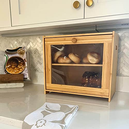 Goodpick Double Layer Large Bread Box Wood Bread Boxes For Kitchen Countertop Shelf Clear Bamboo Bread Holder Rustic Farmhouse Bread Bin Homemade Wooden Bread Box 15.75 X 13.97 X 9.8 In Self Assembly #TOP2
