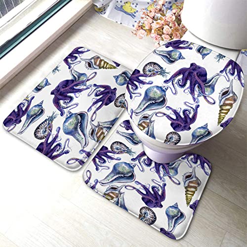 Badezimmerteppich-Set, 3-teilig, Octopus Sea and Ocean Life, Schalentiere, waschbare Badeteppiche, rutschfest, mit Rückenpolster, Konturteppich und Toilettendeckelbezug