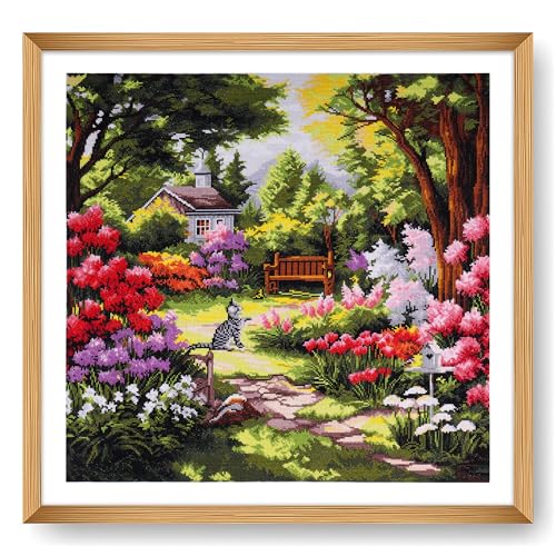Trimits Large Cross Stitch Kits - Counted Embroidery Needlework for Adults Beginners Kids, Christmas Gifts Wall Art, (Frame Not Included) 14 Count, Garden
