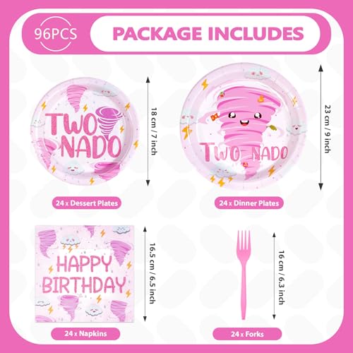 Image of Grencian 96Pcs Two Birthday Party Decorations for Girls Serves 24 | Pink Nado 2nd Birthday Plates and Napkins Tornado Two Year Old Decorations for for 2 Year Old Party Supplies Serves 24