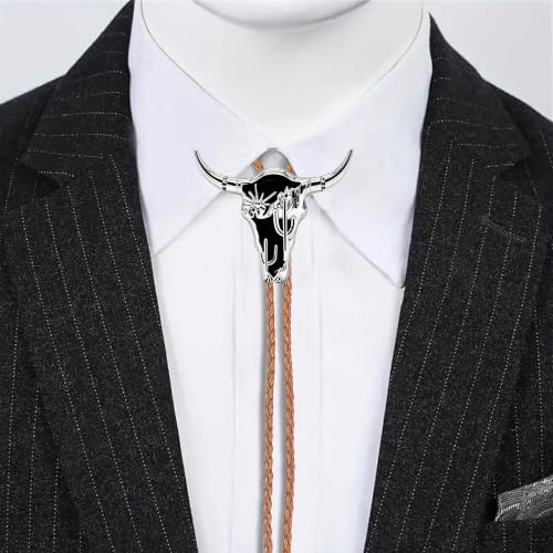 Image of GelConnie Cowboy Ties for Men Black Longhorn Cactus Western Bolo Tie Cord | Black Longhorn Cactus Bolo Tie with Enamel Accent, Adjustable Faux Leather Cord for Western Ties for Men and Cowboy Outfit