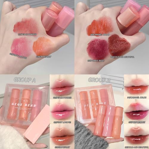 Image of Gege Bear Light Mirror Lip Glaze | Moisturizing & Long Lasting | Hydrating & Non-Sticky Shades | Liquid Lipstick with Brush Applicator | Waterproof Aesthetic Makeup | Pink Brown Nude Candy Red | Glossy Lipstick Combo Pack Set with Glow Shine Makeup for Women Girls (01# Peach Powder, 2.5g)