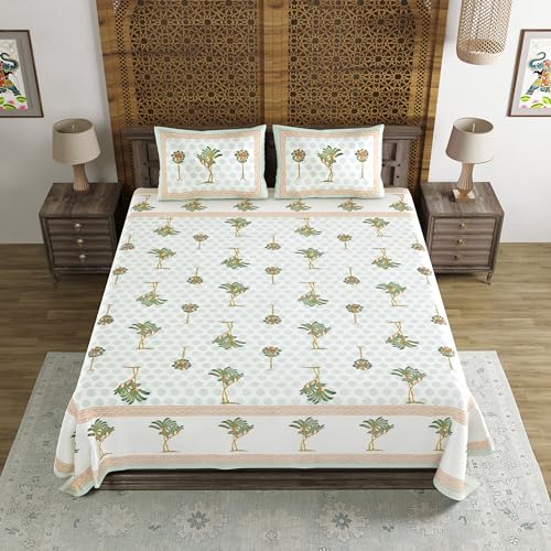 Image of BLOCKS OF INDIA Hand Block Printed 200 TC Cotton Super King Size Bedsheet(106 x 106) (Green Tree)