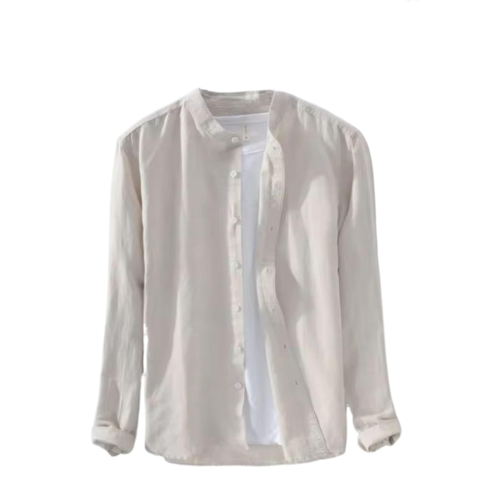 Camisa de algodón y lino con cuello alto para hombre