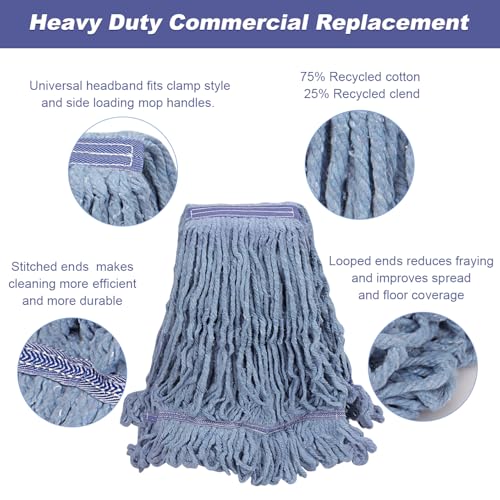 Image of 6 Pack Commercial Mop Head Replacement, Heavy Duty Reusable Mop Heads for General and Floor Cleaning, Wet Industial Blue Cotton Looped End String Cleaning Microfiber Mopheads Refills
