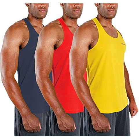 DEVOPS 3 Pack Men's Y-Back Dry Fit Muscle Gym Workout Tank Top (Large, Charcoal/Red/Yellow) Cover