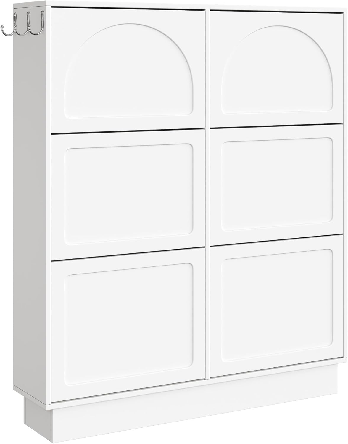 Modern Elegant Narrow Tipping Bucket Shoe Cabinet with 6 Flip Drawers, Space Saving Design, Cream Style Entryway Organizer with Adjustable Shelf, Free-Standing Shoe Rack with 3 Silvery Hooks(White)