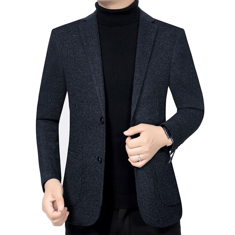 Mens Dark Blue Casual Blazers Jacket Two Button Suit Jackets Lightweight Knit Sport Coat for Daily Party Business