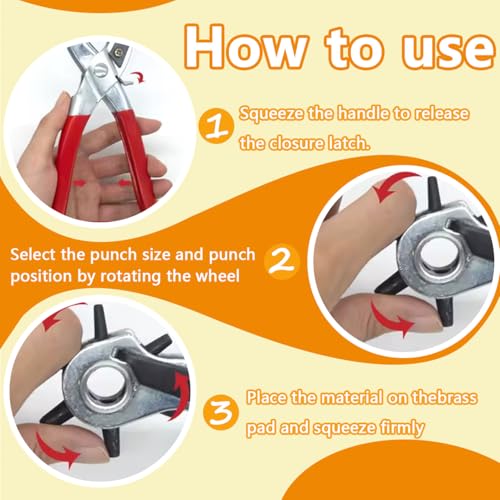 Image of Leather Hole Punch Belts Super Heavy Duty Rotary Puncher, 6 Hole Sizes Maker Tool Watch Bands, Straps, Dog Collars, Saddles, Shoes, Fabrics, DIY Home or Craft Projects (Red)