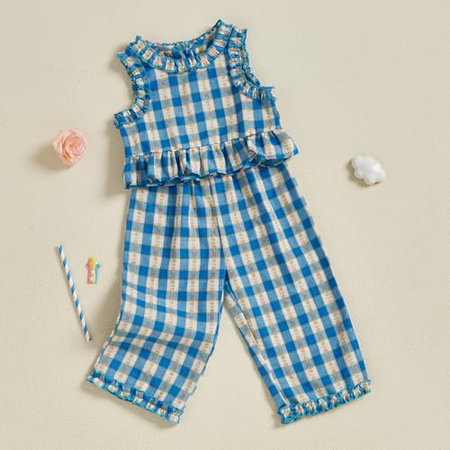 2PCS Infant Baby Girls Sleeveless Tank Top Floral Plaid Ruffle Vest + Plaid Floral Pants Outfits Sets3