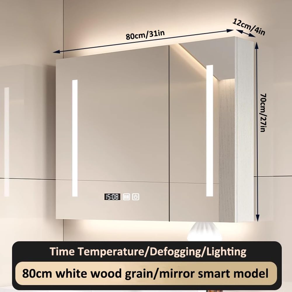 Armadietto da bagno a LED con specchio a 3 ante, anti-appannamento, espositore per orologio, porta asciugamani, design moderno (dimensioni: 80 x 12 x 70 cm) – soluzione di archiviazione elegante e