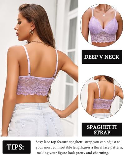 Image of Avidlove Lace Bralettes for Women V Neck Spaghetti Strap Bra Unpadded Tops Sexy Cami Crop Top Going Out Lingerie