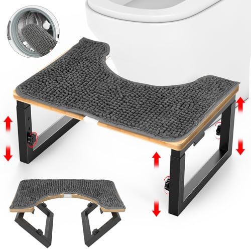 Bamboo Toilet Stool Foldable, 7 in, 8 in Or 9 in Adjustable Heights Squat Stool Potty for Adults,Poop Step Stool with Extra Soft Microfiber Rug, Improve Bathroom Posture and Comfort