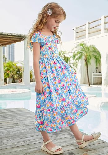 GRACE KARIN Girls Flutter Sleeve Floral Dresses Girl Long Midi Spring Dress Kids Smocked Flare Summer Dress 6-16Y - Image 4
