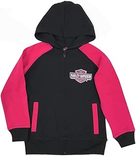 Harley-Davidson Big Girls' Glittery B&S Knit Zippered Hoodie, Black & Pink