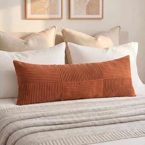 Image of Fancy Homi Set of 2 Rust Boho Long Lumbar Body Decorative Throw Pillow Cover 14x36 Inch for Bed Couch Bedroom Bench, Soft Patchwork Corduroy Textured Pillow Case, Rustic Farmhouse Room Decor