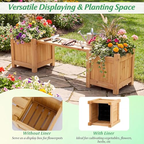 FANTASK 2 in 1 Blumenkasten mit Gartenbank, 105 x 26,5 x 29,5 cm, 2-Sitzer Sitzbank mit 2 seitlichen Pflanzkästen, Holzbank, Parkbank aus Massivholz, Bank Outdoor für Garten, Balkon (Natur)