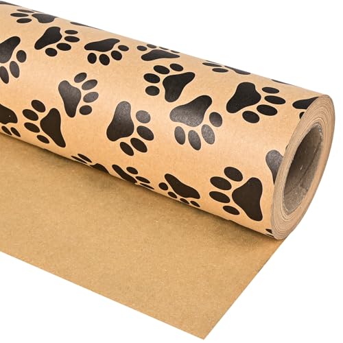 Vnaaem Reversible Paw Wrapping Paper Roll for Men Women - Brown Kratf Dog Cat Paw Print Gift Wrap for Christmas Holiday Winter Birthday DIY Craft Party - 17 Inch X 16.5 Feet