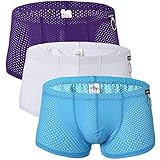 Naturemore Men's Sexy Mesh Underwear Boxer Shorts Low Waist See-Through Sheer Swim Trunks Swimwear (PU+WH+BU, X-Large)