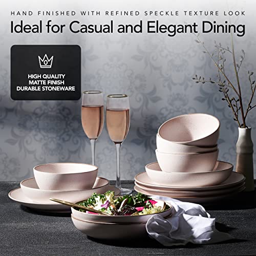 Riverside Collection By Maison Neuve 12-Piece Dinnerware Set Service For 4 - Hand Crafted Bowls And Plates Set, Stoneware Dinnerware Set, Microwave & Dishwasher Safe Plate Set - Rosewater Pink #TOP2