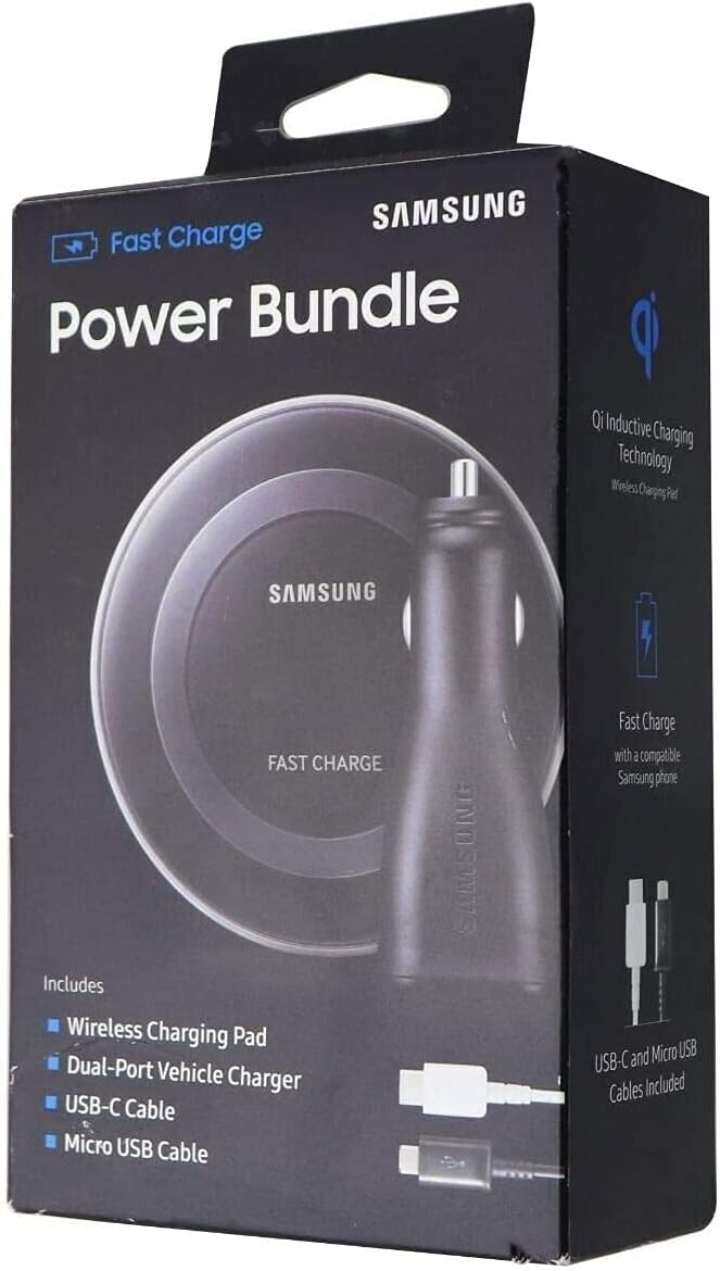 Samsung Power Bundle: Qi Certified Fast Charge Wireless Charge Pad, Dual Port Fast Charge Car Charger, USB-C Cable, MicroUSB Cable, and Adaptive Fast Charge Wall Charger - RETAIL Packaging